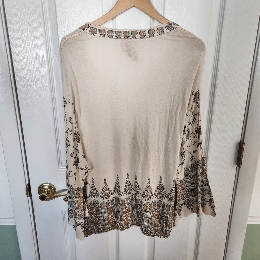 Free People Women Sz Large Medallion Printed Linen Long Sleeve Boho Cream Gold - Picture 8 of 8